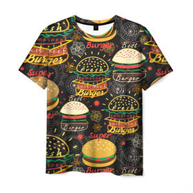 Мужская футболка 3D с принтом Гамбургеры в Екатеринбурге, 100% полиэфир | прямой крой, круглый вырез горловины, длина до линии бедер | hamburgers | sandwic | булочка | бутерброды | быстрая | гамбургер | гамбургеры | геометрический | графика | еда | зелень | иллюстрация | картинка | кунжут | мода | мясо | надпись | орнамент | рисунок | свежий