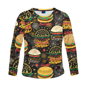 Женский лонгслив 3D с принтом Гамбургеры в Екатеринбурге, 100% полиэстер | длинные рукава, круглый вырез горловины, полуприлегающий силуэт | hamburgers | sandwic | булочка | бутерброды | быстрая | гамбургер | гамбургеры | геометрический | графика | еда | зелень | иллюстрация | картинка | кунжут | мода | мясо | надпись | орнамент | рисунок | свежий
