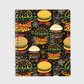 Тетрадь с принтом Гамбургеры в Екатеринбурге, 100% бумага | 48 листов, плотность листов — 60 г/м2, плотность картонной обложки — 250 г/м2. Листы скреплены сбоку удобной пружинной спиралью. Уголки страниц и обложки скругленные. Цвет линий — светло-серый
 | hamburgers | sandwic | булочка | бутерброды | быстрая | гамбургер | гамбургеры | геометрический | графика | еда | зелень | иллюстрация | картинка | кунжут | мода | мясо | надпись | орнамент | рисунок | свежий