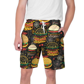 Мужские шорты 3D с принтом Гамбургеры в Екатеринбурге,  полиэстер 100% | прямой крой, два кармана без застежек по бокам. Мягкая трикотажная резинка на поясе, внутри которой широкие завязки. Длина чуть выше колен | hamburgers | sandwic | булочка | бутерброды | быстрая | гамбургер | гамбургеры | геометрический | графика | еда | зелень | иллюстрация | картинка | кунжут | мода | мясо | надпись | орнамент | рисунок | свежий