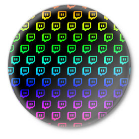 Значок с принтом Twitch в Екатеринбурге,  металл | круглая форма, металлическая застежка в виде булавки | game | gamer | logo | twitch | twitties | градиент | игры | логотип | стрим | твитч | текстура