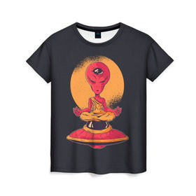Женская футболка 3D с принтом Пришелец в Екатеринбурге, 100% полиэфир ( синтетическое хлопкоподобное полотно) | прямой крой, круглый вырез горловины, длина до линии бедер | alien | ufo | инопланетяне | инопланетянин | медитация | нло | пришелец | пришельцы