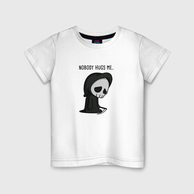 Детская футболка хлопок с принтом Nobody Hugs Me.. в Екатеринбурге, 100% хлопок | круглый вырез горловины, полуприлегающий силуэт, длина до линии бедер | грусть | коса | милый | мимими | обнимашки | объятие | печаль | скелет | уныние | череп