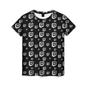 Женская футболка 3D с принтом Twitch в Екатеринбурге, 100% полиэфир ( синтетическое хлопкоподобное полотно) | прямой крой, круглый вырез горловины, длина до линии бедер | black and white | game | gamer | logo | pattern | twitch | twitties | игры | логотип | паттерн | стрим | твитч | текстура | черно белый