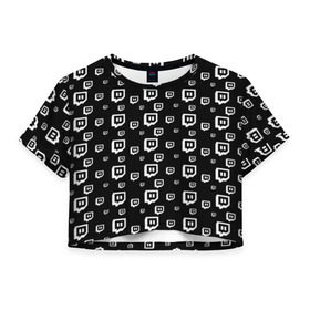 Женская футболка 3D укороченная с принтом Twitch в Екатеринбурге, 100% полиэстер | круглая горловина, длина футболки до линии талии, рукава с отворотами | black and white | game | gamer | logo | pattern | twitch | twitties | игры | логотип | паттерн | стрим | твитч | текстура | черно белый