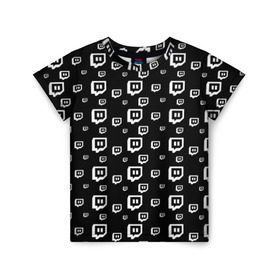 Детская футболка 3D с принтом Twitch в Екатеринбурге, 100% гипоаллергенный полиэфир | прямой крой, круглый вырез горловины, длина до линии бедер, чуть спущенное плечо, ткань немного тянется | Тематика изображения на принте: black and white | game | gamer | logo | pattern | twitch | twitties | игры | логотип | паттерн | стрим | твитч | текстура | черно белый