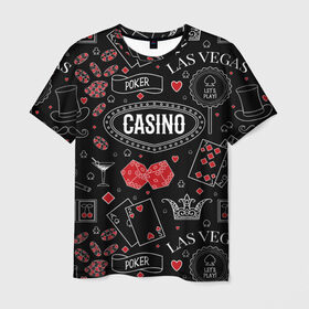 Мужская футболка 3D с принтом Казино в Екатеринбурге, 100% полиэфир | прямой крой, круглый вырез горловины, длина до линии бедер | casi | азарт | америка | белый | город | графика | давай | игра | играть | игрок | иллюстрация | искусство | казино | картинка | карты | корона | красный | кубики | лас вегас | масти | мода | орнамент | покер
