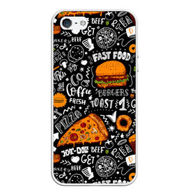Чехол для iPhone 5/5S матовый с принтом Fast food в Екатеринбурге, Силикон | Область печати: задняя сторона чехла, без боковых панелей | fast | food | hambu | булочка | бутерброды | быстрое | гамбургеры | графика | еда | зелень | иллюстрация | картинка | кунжут | мода | мясо | надпись | орнамент | питание | пицца | пончики | рисунок | свежий