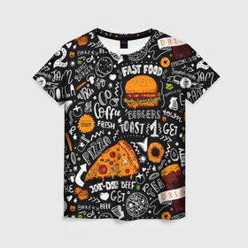Женская футболка 3D с принтом Fast food в Екатеринбурге, 100% полиэфир ( синтетическое хлопкоподобное полотно) | прямой крой, круглый вырез горловины, длина до линии бедер | Тематика изображения на принте: fast | food | hambu | булочка | бутерброды | быстрое | гамбургеры | графика | еда | зелень | иллюстрация | картинка | кунжут | мода | мясо | надпись | орнамент | питание | пицца | пончики | рисунок | свежий