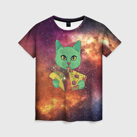 Женская футболка 3D с принтом Космический Кот в Екатеринбурге, 100% полиэфир ( синтетическое хлопкоподобное полотно) | прямой крой, круглый вырез горловины, длина до линии бедер | cat | cosmic | galaxy | pizza | taco | в космосе | галактика | космос | кот | коты | пицца | тако