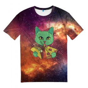 Мужская футболка 3D с принтом Космический Кот в Екатеринбурге, 100% полиэфир | прямой крой, круглый вырез горловины, длина до линии бедер | cat | cosmic | galaxy | pizza | taco | в космосе | галактика | космос | кот | коты | пицца | тако