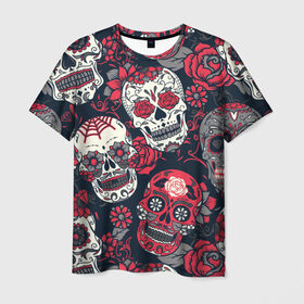 Мужская футболка 3D с принтом Мексиканские черепа в Екатеринбурге, 100% полиэфир | прямой крой, круглый вырез горловины, длина до линии бедер | графика | день мертвых | знак | иллюстрация | искусство | картинка | мексика | мексиканские | мода | национальный | орнамент | паутина | поминки | праздник | рисунок | розы | ромашки | символ | стиль