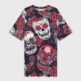 Платье-футболка 3D с принтом Мексиканские черепа в Екатеринбурге,  |  | графика | день мертвых | знак | иллюстрация | искусство | картинка | мексика | мексиканские | мода | национальный | орнамент | паутина | поминки | праздник | рисунок | розы | ромашки | символ | стиль