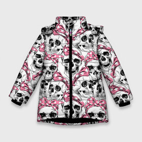 Зимняя куртка для девочек 3D с принтом Черепа в розовых платках в Екатеринбурге, ткань верха — 100% полиэстер; подклад — 100% полиэстер, утеплитель — 100% полиэстер. | длина ниже бедра, удлиненная спинка, воротник стойка и отстегивающийся капюшон. Есть боковые карманы с листочкой на кнопках, утяжки по низу изделия и внутренний карман на молнии. 

Предусмотрены светоотражающий принт на спинке, радужный светоотражающий элемент на пуллере молнии и на резинке для утяжки. | Тематика изображения на принте: m | белый | горошек | графика | день мертвых | знак | иллюстрация | искусство | картинка | мексика | мексиканские | мода | национальный | орнамент | платки | поминки | праздник | рисунок | розовые
