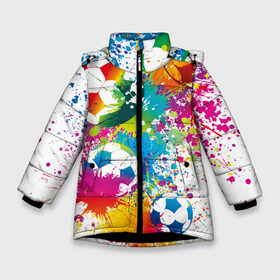 Зимняя куртка для девочек 3D с принтом Футбольные мячи в Екатеринбурге, ткань верха — 100% полиэстер; подклад — 100% полиэстер, утеплитель — 100% полиэстер. | длина ниже бедра, удлиненная спинка, воротник стойка и отстегивающийся капюшон. Есть боковые карманы с листочкой на кнопках, утяжки по низу изделия и внутренний карман на молнии. 

Предусмотрены светоотражающий принт на спинке, радужный светоотражающий элемент на пуллере молнии и на резинке для утяжки. | Тематика изображения на принте: ball | cove | football | leather | soccer | белый | болельщик | брызги | графика | иллюстрация | картинка | кожа | краски | мода | мяч | покрытие | пятна | радуга | рисунок | сила | скорость | спорт | спортсмен | стиль