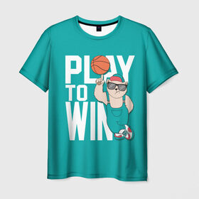 Мужская футболка 3D с принтом Play to win в Екатеринбурге, 100% полиэфир | прямой крой, круглый вырез горловины, длина до линии бедер | баскетбол | баскетбольный | бейсболка | графика | животное | зелёный | играй | иллюстрация | картинка | комбинезон | кот | кроссовки | крутит | мода | мяч | на пальце | надпись | очки | победы | ради