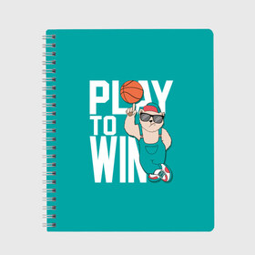 Тетрадь с принтом Play to win в Екатеринбурге, 100% бумага | 48 листов, плотность листов — 60 г/м2, плотность картонной обложки — 250 г/м2. Листы скреплены сбоку удобной пружинной спиралью. Уголки страниц и обложки скругленные. Цвет линий — светло-серый
 | Тематика изображения на принте: баскетбол | баскетбольный | бейсболка | графика | животное | зелёный | играй | иллюстрация | картинка | комбинезон | кот | кроссовки | крутит | мода | мяч | на пальце | надпись | очки | победы | ради