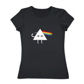 Женская футболка хлопок с принтом Kawaii Pink Floyd в Екатеринбурге, 100% хлопок | прямой крой, круглый вырез горловины, длина до линии бедер, слегка спущенное плечо | anime | аниме | выстрел | лапочка | логотип | луч | милый | мимими | музыка | пистолет | прелесть | призма | радуга | рок | свет | треугольник
