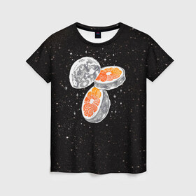Женская футболка 3D с принтом Луна в Екатеринбурге, 100% полиэфир ( синтетическое хлопкоподобное полотно) | прямой крой, круглый вырез горловины, длина до линии бедер | cosmic | galaxy | moon | orange | апельсин | в космосе | галактика | космос | луна | планета | планеты