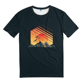 Мужская футболка 3D с принтом Заход Солнца в Екатеринбурге, 100% полиэфир | прямой крой, круглый вырез горловины, длина до линии бедер | camping | mountains | sunset | восход | горы | заход | приключение | птицы | путешествие | солнце | туризм