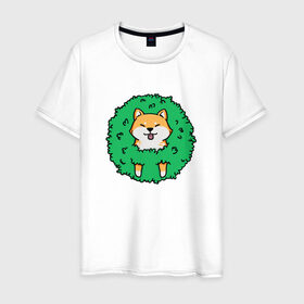 Мужская футболка хлопок с принтом Bush Shiba Inu в Екатеринбурге, 100% хлопок | прямой крой, круглый вырез горловины, длина до линии бедер, слегка спущенное плечо. | акита | аниме | зелень | китай | куст | милый | пес | песик | собака | собачка | щенок | япония
