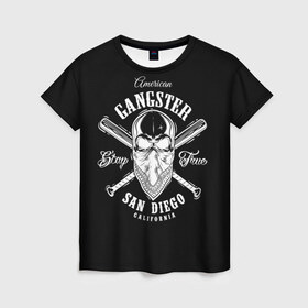 Женская футболка 3D с принтом American gangster в Екатеринбурге, 100% полиэфир ( синтетическое хлопкоподобное полотно) | прямой крой, круглый вырез горловины, длина до линии бедер | american | califor | gangster | san diego | америка | американский | банда | бандана | бандит | бейсбольные | биты | гангстер | графика | иллюстрация | калифорния | картинка | мода | надпись | платок | рисунок