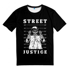 Мужская футболка 3D с принтом Street justice в Екатеринбурге, 100% полиэфир | прямой крой, круглый вырез горловины, длина до линии бедер | justice | s | skeleton | skull | street | банда | бандана | бандит | бейсболка | графика | иллюстрация | картинка | мода | надпись | оружие | пистолеты | платок | револьверы | рисунок | символ | скелет | справедливость