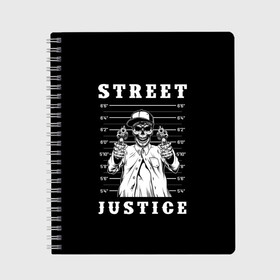 Тетрадь с принтом Street justice в Екатеринбурге, 100% бумага | 48 листов, плотность листов — 60 г/м2, плотность картонной обложки — 250 г/м2. Листы скреплены сбоку удобной пружинной спиралью. Уголки страниц и обложки скругленные. Цвет линий — светло-серый
 | justice | s | skeleton | skull | street | банда | бандана | бандит | бейсболка | графика | иллюстрация | картинка | мода | надпись | оружие | пистолеты | платок | револьверы | рисунок | символ | скелет | справедливость