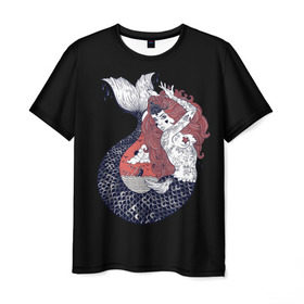 Мужская футболка 3D с принтом Русалка в Екатеринбурге, 100% полиэфир | прямой крой, круглый вырез горловины, длина до линии бедер | акула | взгляд | вода | волосы | глубина | девушка | длинные | женщина | звезды | корабль | кости | красная | маяк | море | небо | океан | роковая | русалки | рыба | рыжая | солнце | тату | татуировки | тонет