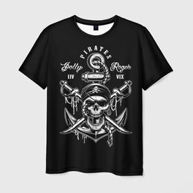 Мужская футболка 3D с принтом Pirates в Екатеринбурге, 100% полиэфир | прямой крой, круглый вырез горловины, длина до линии бедер | b | pirates | robbers | sea | skull | бандана | веселый | графика | иллюстрация | канат | картинка | кости | логотип | мода | морские | надпись | оружие | пираты | платок | разбойники | рисунок | роджер | сабли | стиль