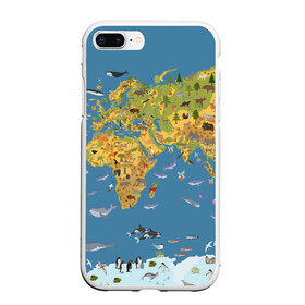Чехол для iPhone 7Plus/8 Plus матовый с принтом Карта мира в Екатеринбурге, Силикон | Область печати: задняя сторона чехла, без боковых панелей | Тематика изображения на принте: азия | акулы | америка | антарктида | бизон | волк | европа | животные | зебра | кабан | карта | киты | лама | лев | лось | материки | медведь | мира | моржи | моря | океаны | пингвины | птицы | реки | рыбы