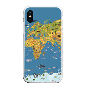 Чехол для iPhone XS Max матовый с принтом Карта мира в Екатеринбурге, Силикон | Область печати: задняя сторона чехла, без боковых панелей | азия | акулы | америка | антарктида | бизон | волк | европа | животные | зебра | кабан | карта | киты | лама | лев | лось | материки | медведь | мира | моржи | моря | океаны | пингвины | птицы | реки | рыбы