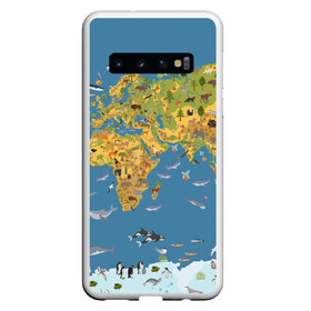 Чехол для Samsung Galaxy S10 с принтом Карта мира в Екатеринбурге, Силикон | Область печати: задняя сторона чехла, без боковых панелей | азия | акулы | америка | антарктида | бизон | волк | европа | животные | зебра | кабан | карта | киты | лама | лев | лось | материки | медведь | мира | моржи | моря | океаны | пингвины | птицы | реки | рыбы