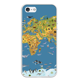 Чехол для iPhone 5/5S матовый с принтом Карта мира в Екатеринбурге, Силикон | Область печати: задняя сторона чехла, без боковых панелей | Тематика изображения на принте: азия | акулы | америка | антарктида | бизон | волк | европа | животные | зебра | кабан | карта | киты | лама | лев | лось | материки | медведь | мира | моржи | моря | океаны | пингвины | птицы | реки | рыбы