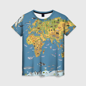 Женская футболка 3D с принтом Карта мира в Екатеринбурге, 100% полиэфир ( синтетическое хлопкоподобное полотно) | прямой крой, круглый вырез горловины, длина до линии бедер | азия | акулы | америка | антарктида | бизон | волк | европа | животные | зебра | кабан | карта | киты | лама | лев | лось | материки | медведь | мира | моржи | моря | океаны | пингвины | птицы | реки | рыбы