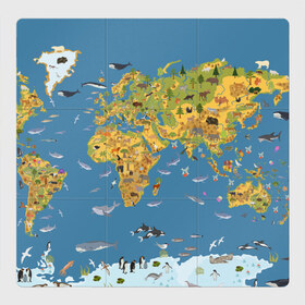 Магнитный плакат 3Х3 с принтом Карта мира в Екатеринбурге, Полимерный материал с магнитным слоем | 9 деталей размером 9*9 см | азия | акулы | америка | антарктида | бизон | волк | европа | животные | зебра | кабан | карта | киты | лама | лев | лось | материки | медведь | мира | моржи | моря | океаны | пингвины | птицы | реки | рыбы
