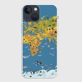 Чехол для iPhone 13 mini с принтом Карта мира в Екатеринбурге,  |  | Тематика изображения на принте: азия | акулы | америка | антарктида | бизон | волк | европа | животные | зебра | кабан | карта | киты | лама | лев | лось | материки | медведь | мира | моржи | моря | океаны | пингвины | птицы | реки | рыбы