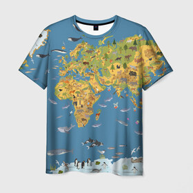 Мужская футболка 3D с принтом Карта мира в Екатеринбурге, 100% полиэфир | прямой крой, круглый вырез горловины, длина до линии бедер | Тематика изображения на принте: азия | акулы | америка | антарктида | бизон | волк | европа | животные | зебра | кабан | карта | киты | лама | лев | лось | материки | медведь | мира | моржи | моря | океаны | пингвины | птицы | реки | рыбы