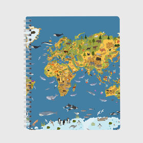 Тетрадь с принтом Карта мира в Екатеринбурге, 100% бумага | 48 листов, плотность листов — 60 г/м2, плотность картонной обложки — 250 г/м2. Листы скреплены сбоку удобной пружинной спиралью. Уголки страниц и обложки скругленные. Цвет линий — светло-серый
 | Тематика изображения на принте: азия | акулы | америка | антарктида | бизон | волк | европа | животные | зебра | кабан | карта | киты | лама | лев | лось | материки | медведь | мира | моржи | моря | океаны | пингвины | птицы | реки | рыбы