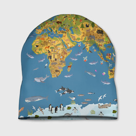 Шапка 3D с принтом Карта мира в Екатеринбурге, 100% полиэстер | универсальный размер, печать по всей поверхности изделия | азия | акулы | америка | антарктида | бизон | волк | европа | животные | зебра | кабан | карта | киты | лама | лев | лось | материки | медведь | мира | моржи | моря | океаны | пингвины | птицы | реки | рыбы