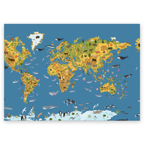Поздравительная открытка с принтом Карта мира в Екатеринбурге, 100% бумага | плотность бумаги 280 г/м2, матовая, на обратной стороне линовка и место для марки
 | азия | акулы | америка | антарктида | бизон | волк | европа | животные | зебра | кабан | карта | киты | лама | лев | лось | материки | медведь | мира | моржи | моря | океаны | пингвины | птицы | реки | рыбы