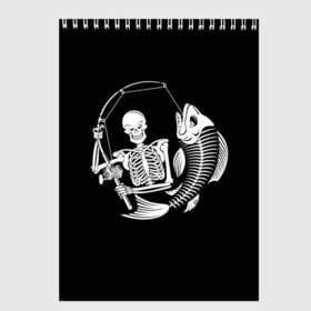 Скетчбук с принтом Fishing в Екатеринбурге, 100% бумага
 | 48 листов, плотность листов — 100 г/м2, плотность картонной обложки — 250 г/м2. Листы скреплены сверху удобной пружинной спиралью | death | fish | fisherman | fishing | halloween | holiday | skeletons | spinning | symbol | графика | иллюстрация | картинка | леска | мода | праздник | рисунок | рыба | рыбак | рыбалка | символ | скелеты | спиннинг | стиль | трафарет | фон