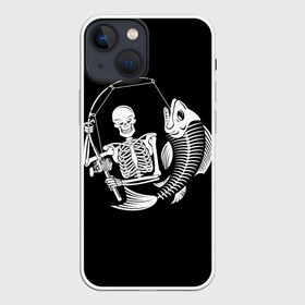 Чехол для iPhone 13 mini с принтом Fishing в Екатеринбурге,  |  | death | fish | fisherman | fishing | halloween | holiday | skeletons | spinning | symbol | графика | иллюстрация | картинка | леска | мода | праздник | рисунок | рыба | рыбак | рыбалка | символ | скелеты | спиннинг | стиль | трафарет | фон