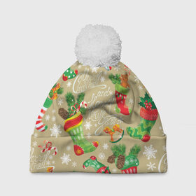 Шапка 3D c помпоном с принтом Merry christmas! в Екатеринбурге, 100% полиэстер | универсальный размер, печать по всей поверхности изделия | бежевый | ветки | графика | ёлка | ёлочные | ель | зима | игрушки | иллюстрация | картинка | колокольчики | мода | мороз | новый год | орнамент | подарки | праздник | рисунок | рождество | снег | снежинки