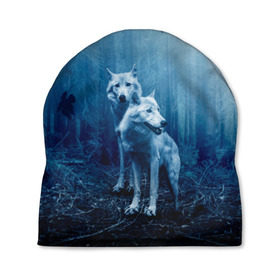 Шапка 3D с принтом Волки в Екатеринбурге, 100% полиэстер | универсальный размер, печать по всей поверхности изделия | hunter | wolf | вой | волк | волчица | дикие | дикий | дремучий | животные | зверь | лес | луна | мгла | новинка | ночь | одинокий волк | одиночка | оскал | охотник | пара волков | седые | серый волк | синяя | стая