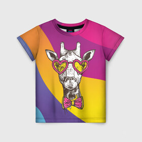 Детская футболка 3D с принтом Праздничный жираф в Екатеринбурге, 100% гипоаллергенный полиэфир | прямой крой, круглый вырез горловины, длина до линии бедер, чуть спущенное плечо, ткань немного тянется | Тематика изображения на принте: бабочка | животное | жираф | модный | очки | праздничный | рожки | сердечки | хипстер | шея