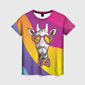 Женская футболка 3D с принтом Праздничный жираф в Екатеринбурге, 100% полиэфир ( синтетическое хлопкоподобное полотно) | прямой крой, круглый вырез горловины, длина до линии бедер | бабочка | животное | жираф | модный | очки | праздничный | рожки | сердечки | хипстер | шея