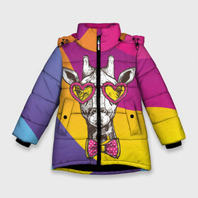 Зимняя куртка для девочек 3D с принтом Праздничный жираф в Екатеринбурге, ткань верха — 100% полиэстер; подклад — 100% полиэстер, утеплитель — 100% полиэстер. | длина ниже бедра, удлиненная спинка, воротник стойка и отстегивающийся капюшон. Есть боковые карманы с листочкой на кнопках, утяжки по низу изделия и внутренний карман на молнии. 

Предусмотрены светоотражающий принт на спинке, радужный светоотражающий элемент на пуллере молнии и на резинке для утяжки. | бабочка | животное | жираф | модный | очки | праздничный | рожки | сердечки | хипстер | шея