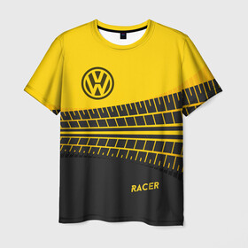 Мужская футболка 3D с принтом Volkswagen в Екатеринбурге, 100% полиэфир | прямой крой, круглый вырез горловины, длина до линии бедер | Тематика изображения на принте: racer | авто | автолюбитель. volkswagen | гонщик | желто черная | колесо | машина | след | фольксваген | шина