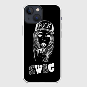 Чехол для iPhone 13 mini с принтом Swag BLACK в Екатеринбурге,  |  | authority | beautifu | cool | girl | авторитет | бейсболка | буквы | графика | девушка | иллюстрация | картинка | кольца | красивая | крутая | мода | надпись | палец | показывает | рисунок | средний | стиль | текст